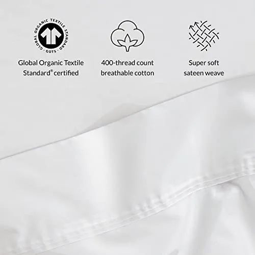 Leesa Sheet Set, 100% Cotton Cooling Sateen with High Thread Count, Queen Size, White/ 30-Night Trial