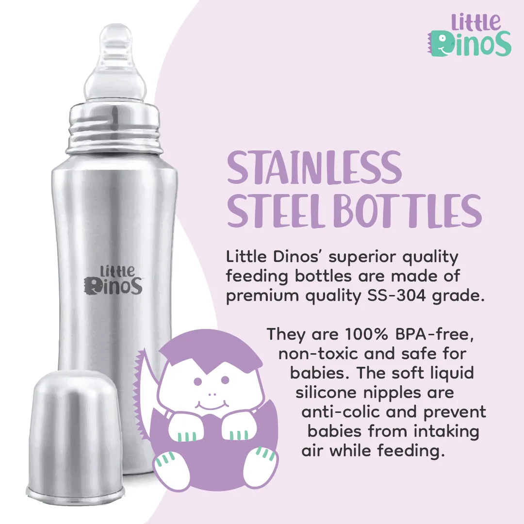 Little dinos stainless steel baby feeding bottle 140ml with 1 extra nipple