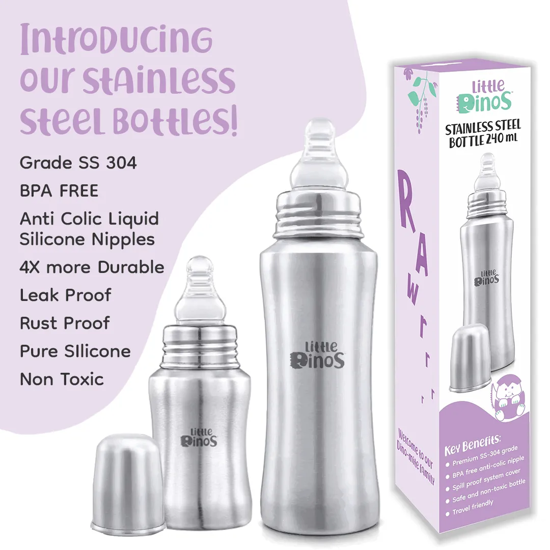 Little dinos stainless steel baby feeding bottle 140ml with 1 extra nipple