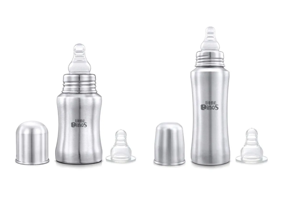 Little dinos stainless steel baby feeding bottle 140ml with 1 extra nipple