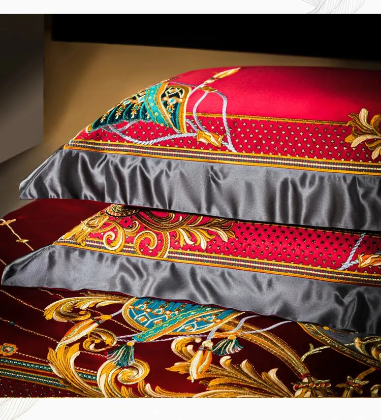 Luxury European Aristocratic Red Gold Vintage Silk Brocade Egyptian Cotton Embroidery Bedding Set Quilt Cover BedLinen Bedspread