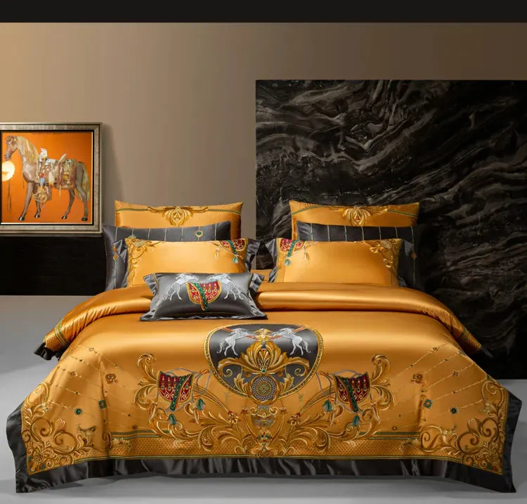 Luxury European Aristocratic Red Gold Vintage Silk Brocade Egyptian Cotton Embroidery Bedding Set Quilt Cover BedLinen Bedspread