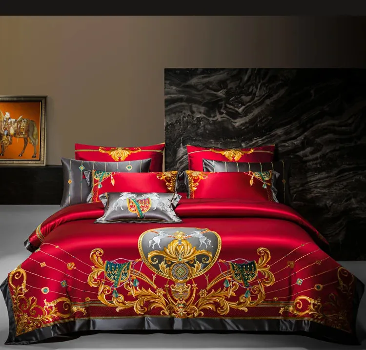 Luxury European Aristocratic Red Gold Vintage Silk Brocade Egyptian Cotton Embroidery Bedding Set Quilt Cover BedLinen Bedspread