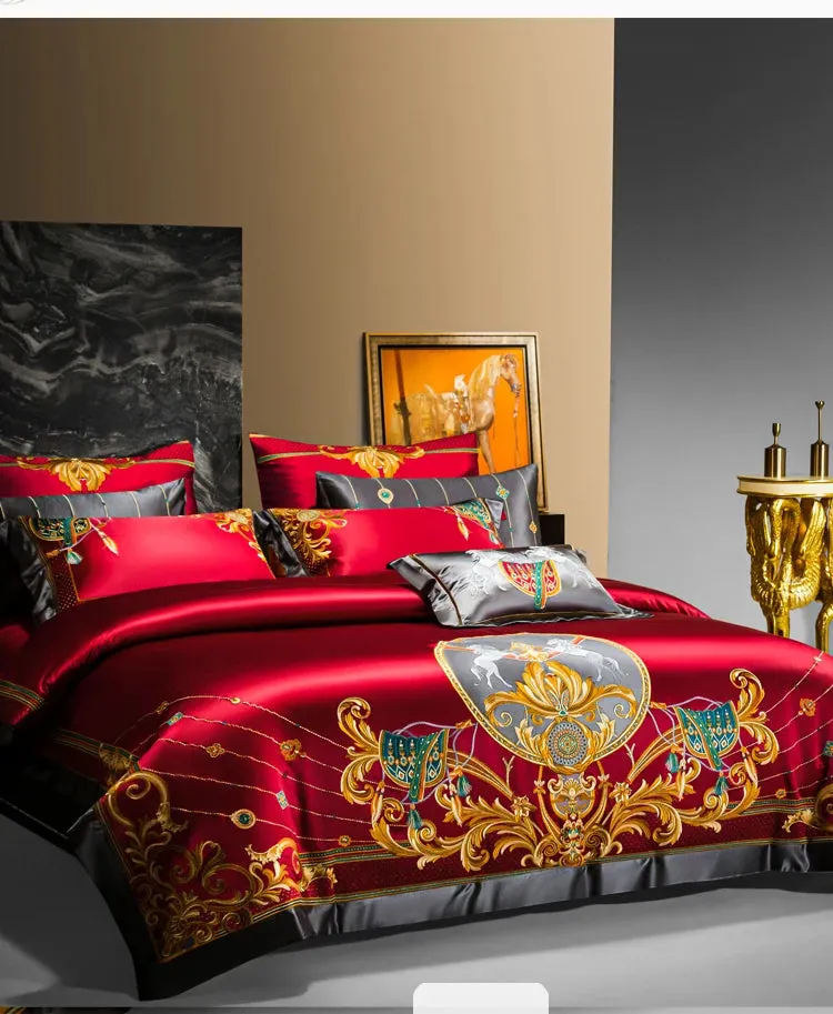 Luxury European Aristocratic Red Gold Vintage Silk Brocade Egyptian Cotton Embroidery Bedding Set Quilt Cover BedLinen Bedspread