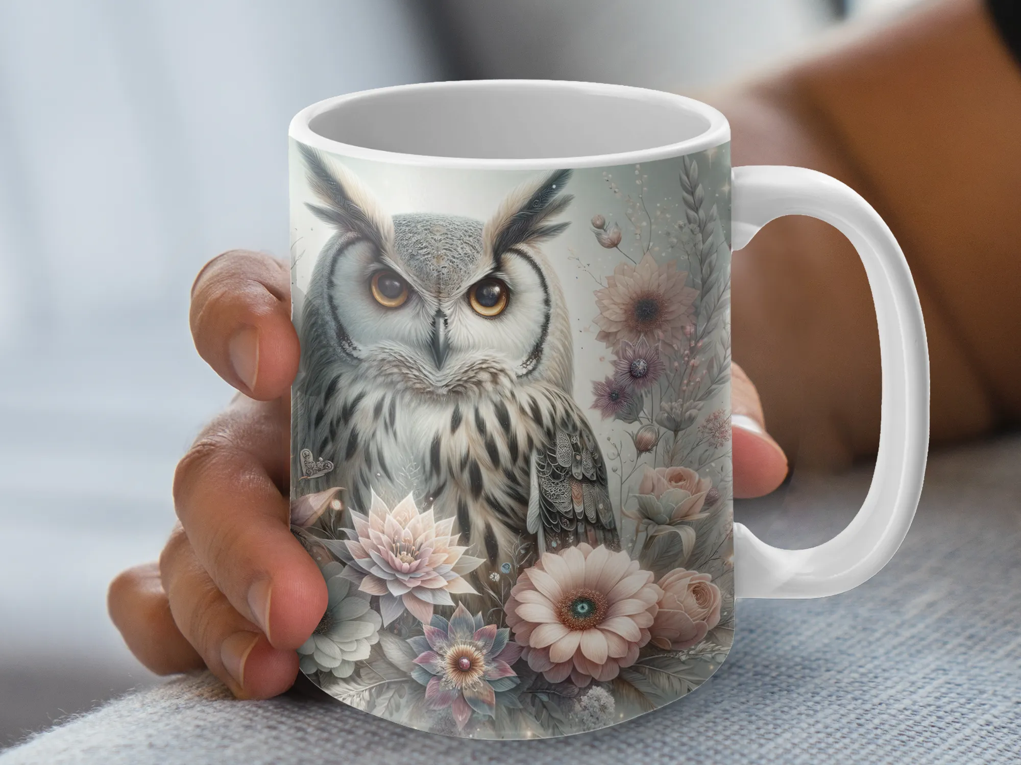 Majestic Sitting Owl with Floral Frame, Coffee Mug, Owl Gift for Owl Lover, Nature Mug, Owl Lover Gift Idea