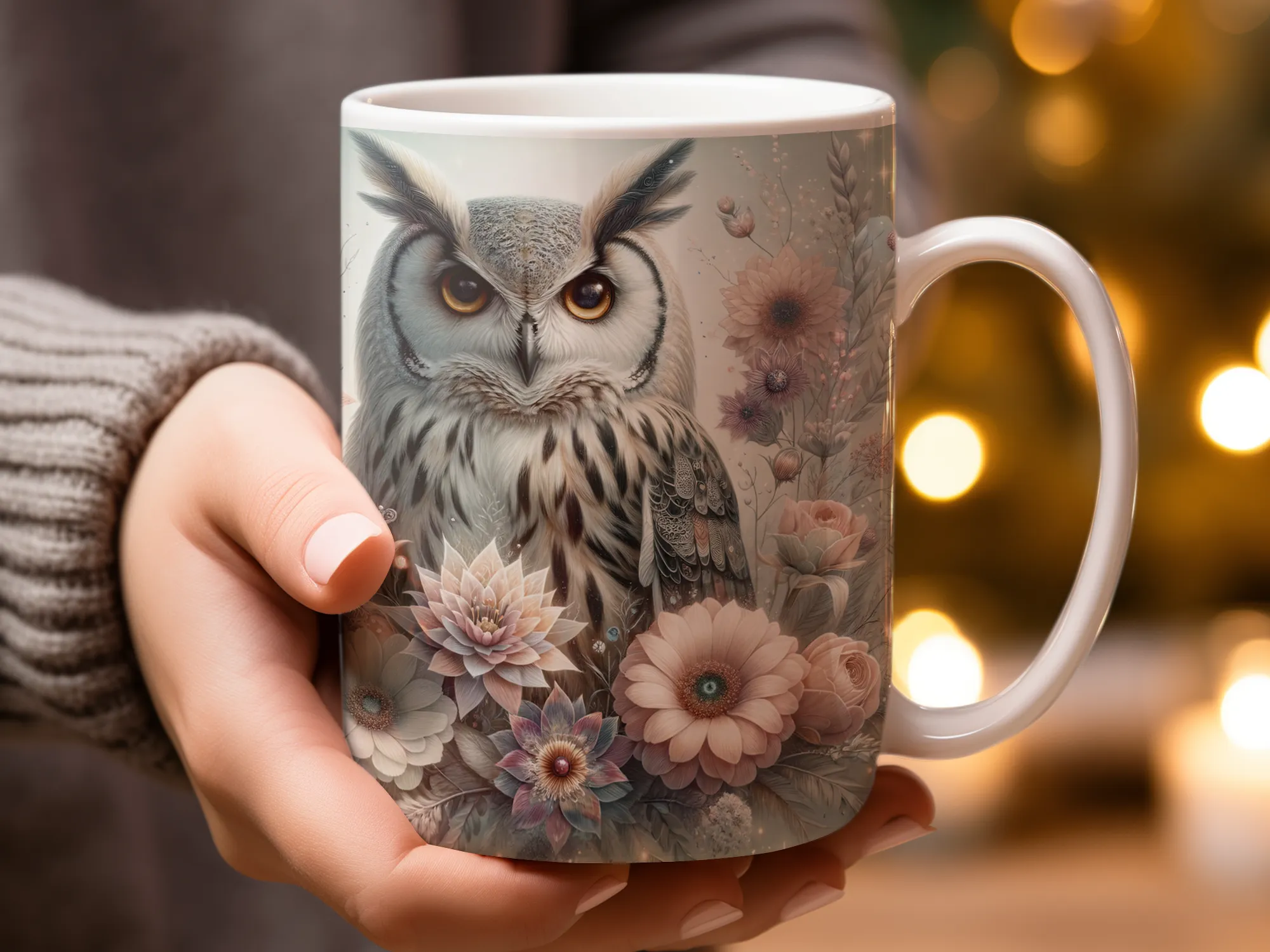 Majestic Sitting Owl with Floral Frame, Coffee Mug, Owl Gift for Owl Lover, Nature Mug, Owl Lover Gift Idea