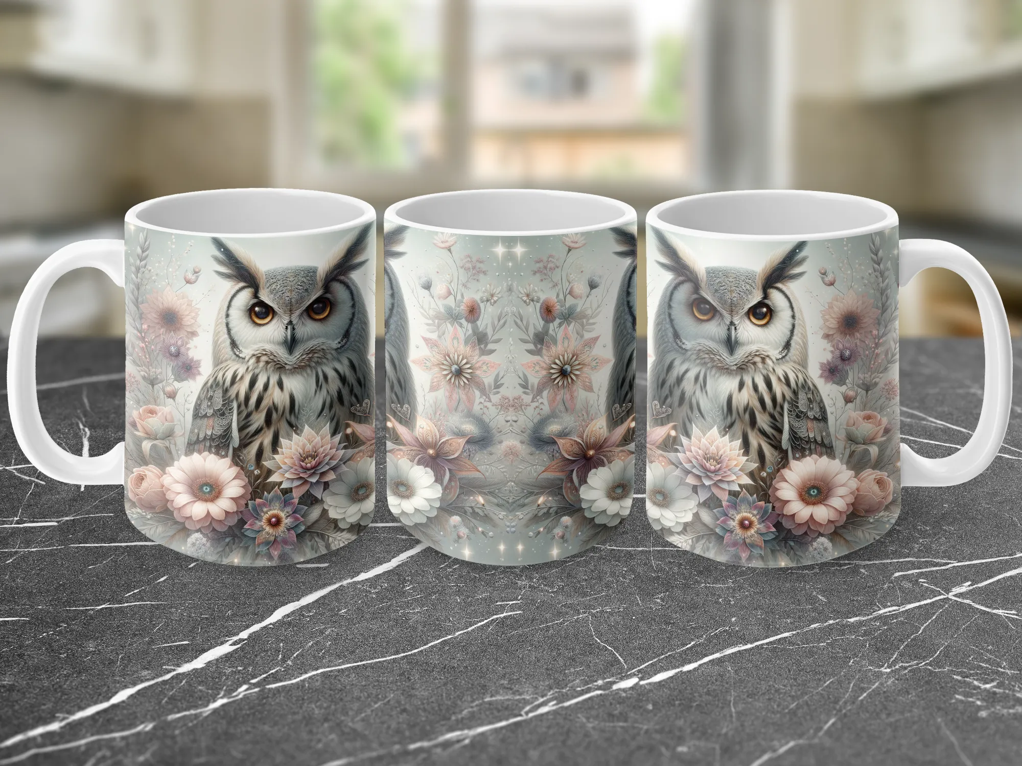 Majestic Sitting Owl with Floral Frame, Coffee Mug, Owl Gift for Owl Lover, Nature Mug, Owl Lover Gift Idea