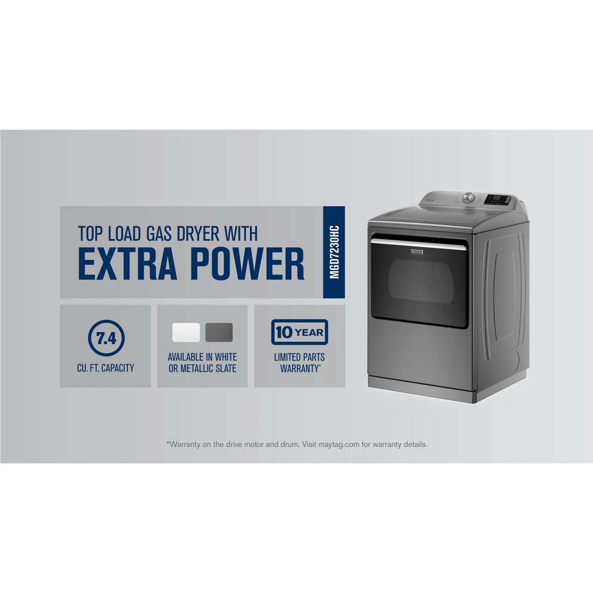 Maytag Smart Top Load Gas Dryer with Extra Power Button - 7.4 cu. ft. (MGD7230HC)