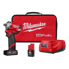 Milwaukee M12 Fuel 1/2" Dr Cordless Stubby Impact Wrench Kit, 250 Ft/Lb, 2 Bat. - 2555-22