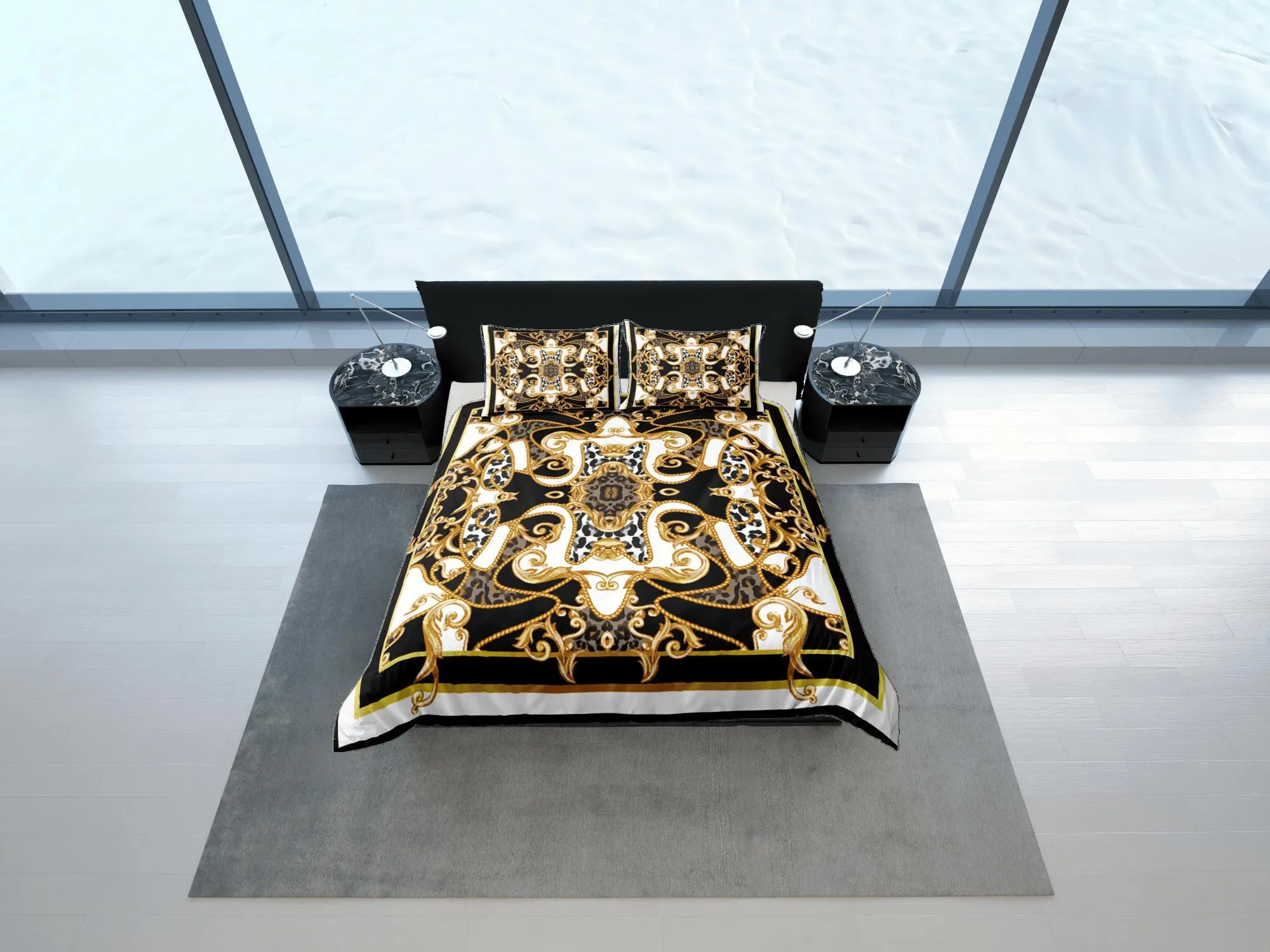 Mixed Baroque Gold Black & White Luxury Duvet Cover Set Aesthetic Bedding Set Full Victorian Decor, King Duvet Cover Queen Duvet