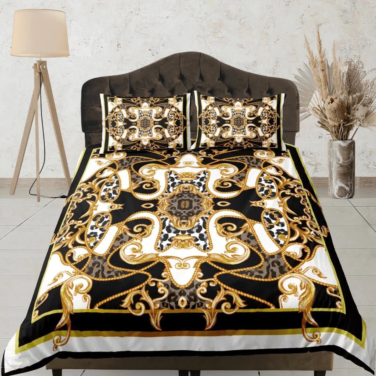 Mixed Baroque Gold Black & White Luxury Duvet Cover Set Aesthetic Bedding Set Full Victorian Decor, King Duvet Cover Queen Duvet