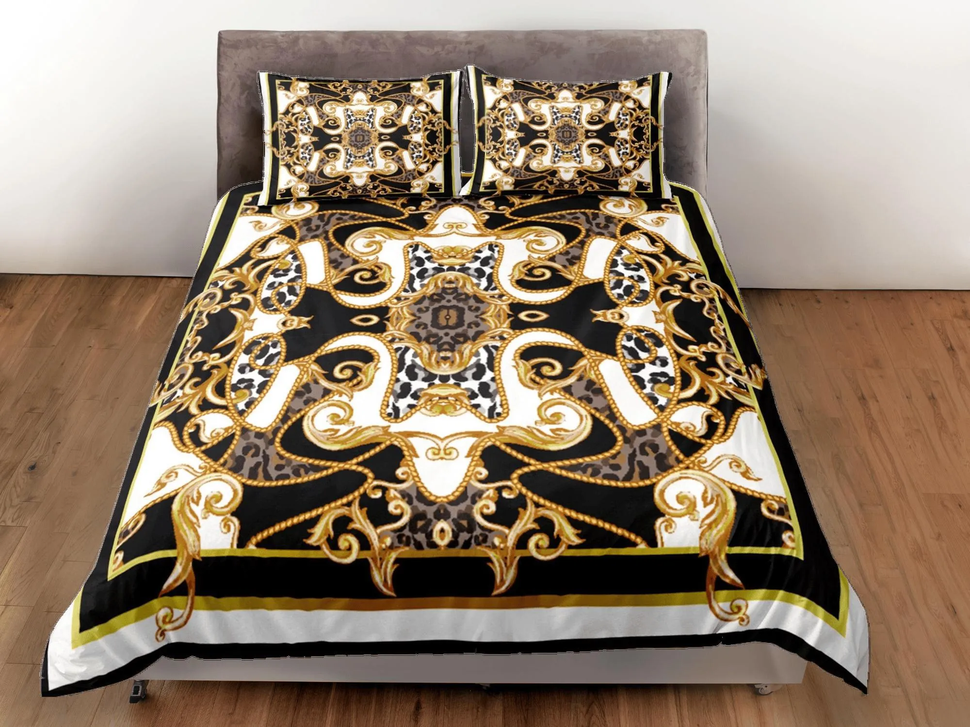 Mixed Baroque Gold Black & White Luxury Duvet Cover Set Aesthetic Bedding Set Full Victorian Decor, King Duvet Cover Queen Duvet