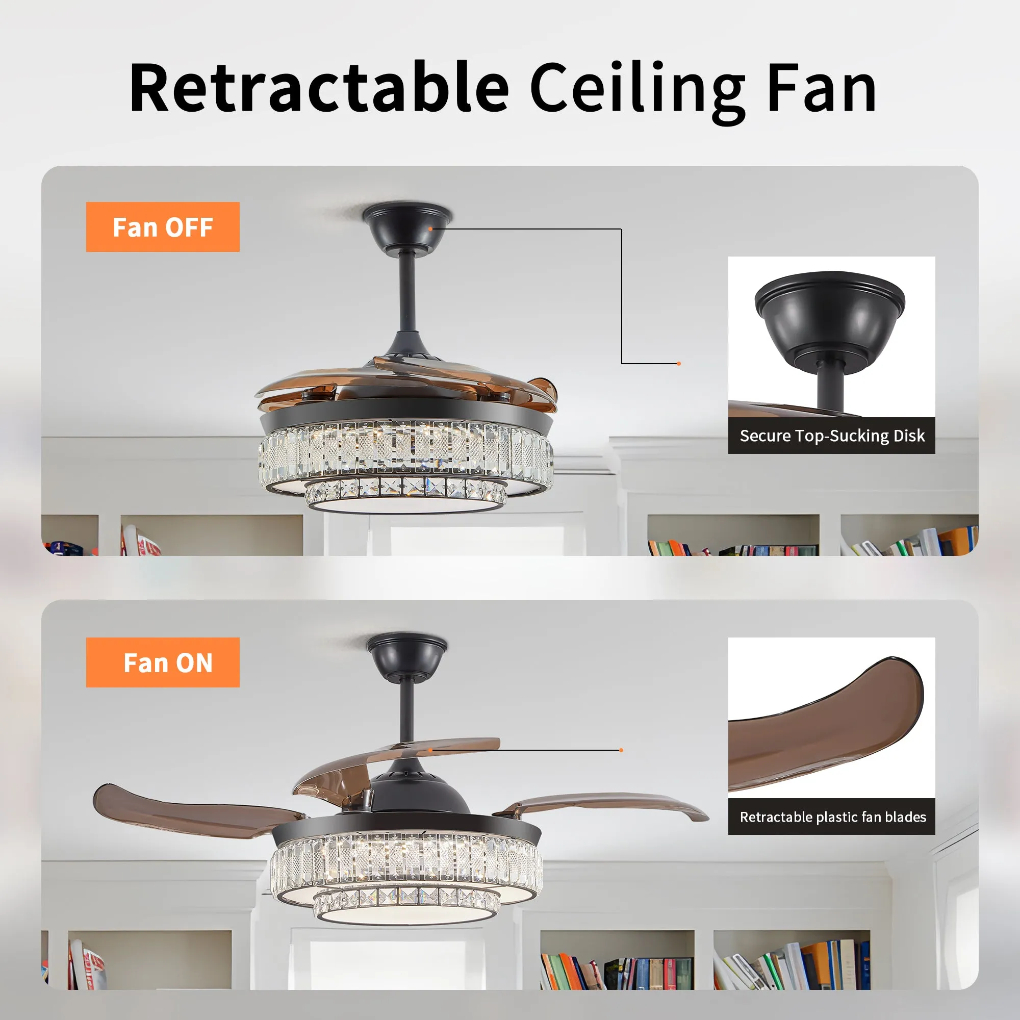 Modern Style Black Telescopic Ceiling Fan Light Remote Control Silent Reversible Ceiling Fan LED Recessed Pendant Light