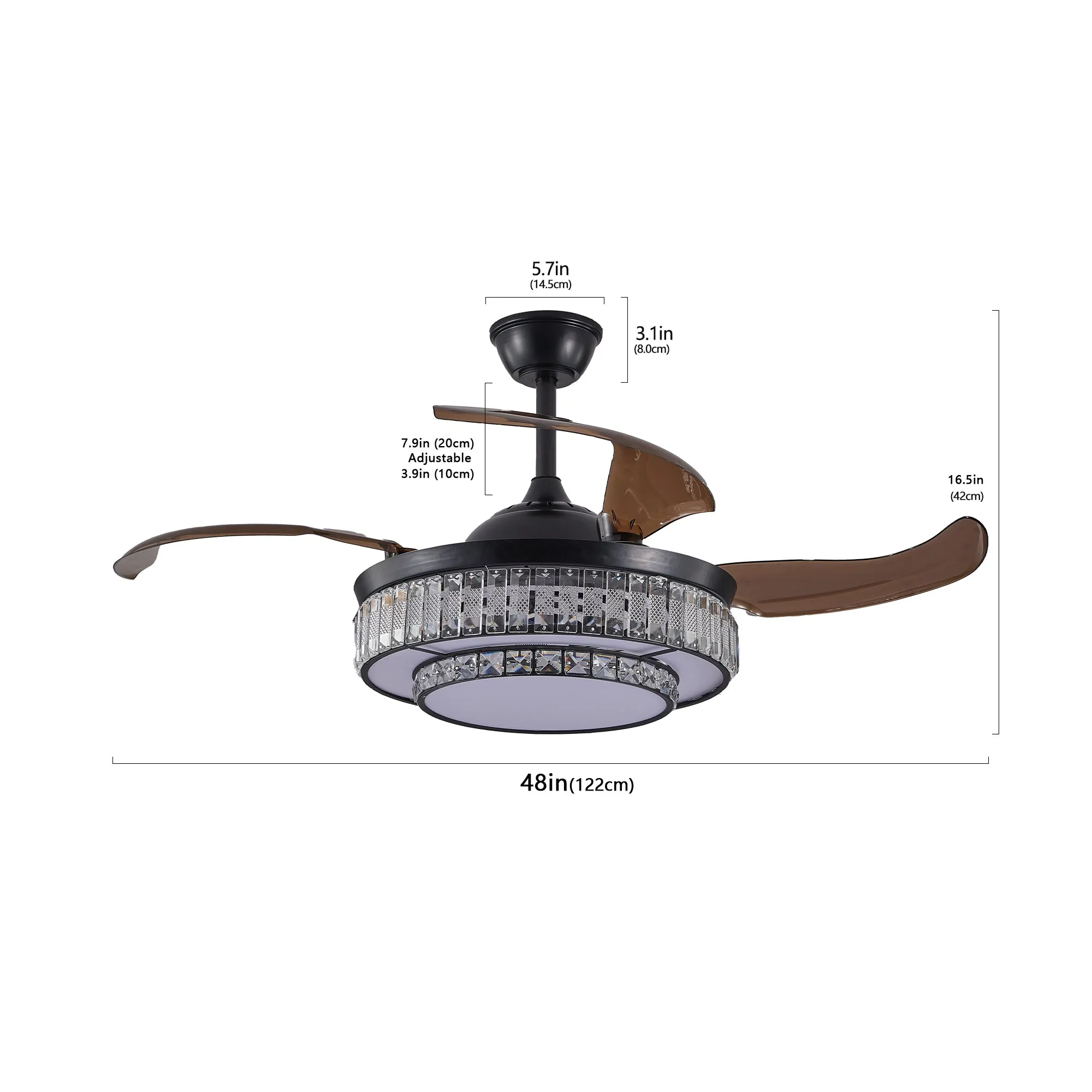 Modern Style Black Telescopic Ceiling Fan Light Remote Control Silent Reversible Ceiling Fan LED Recessed Pendant Light