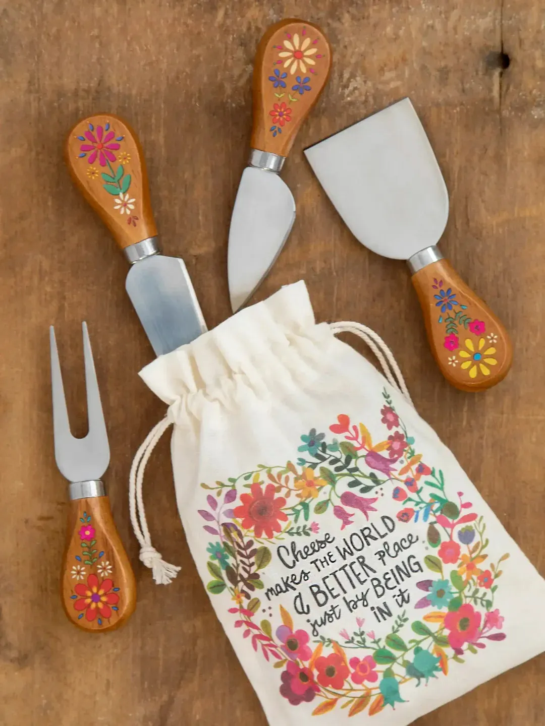 Natural Life Folk Flower Wooden Cheese Knives Set