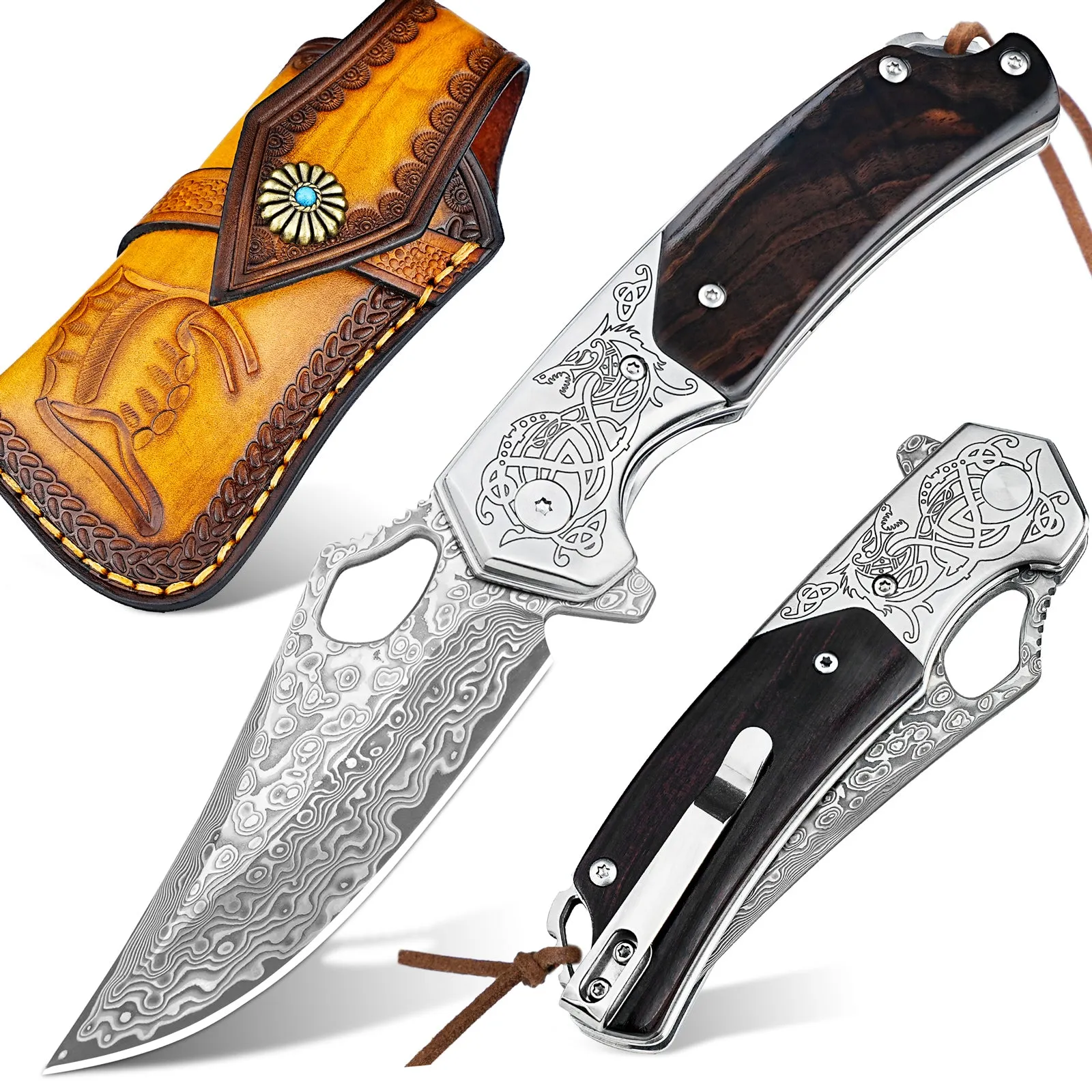 Nedfoss Pterosaur Damascus Pocket Knife, 3.5"VG10 Damascus Steel Blade and Sandalwood Handle, Comes with Leather Sheath