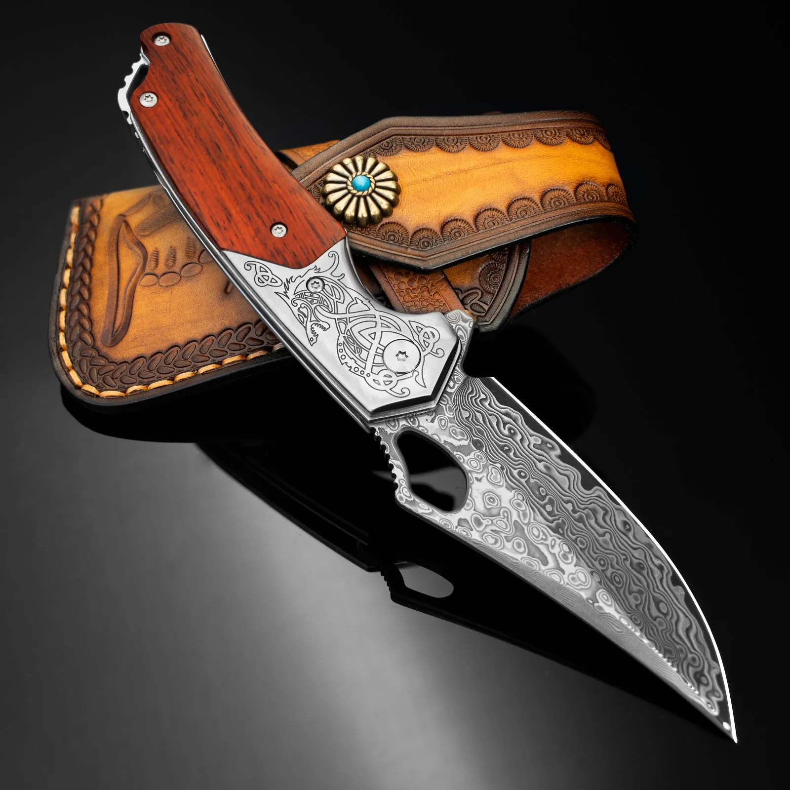 Nedfoss Pterosaur Damascus Pocket Knife, 3.5"VG10 Damascus Steel Blade and Sandalwood Handle, Comes with Leather Sheath