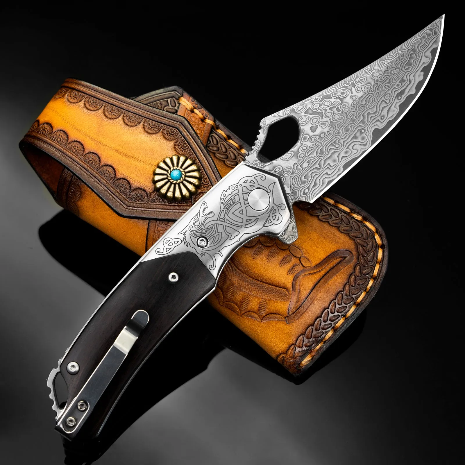 Nedfoss Pterosaur Damascus Pocket Knife, 3.5"VG10 Damascus Steel Blade and Sandalwood Handle, Comes with Leather Sheath