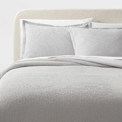 New - Twin/Twin Extra Long Washed Waffle Weave Duvet Cover and Sham Set Light Gray - Threshold