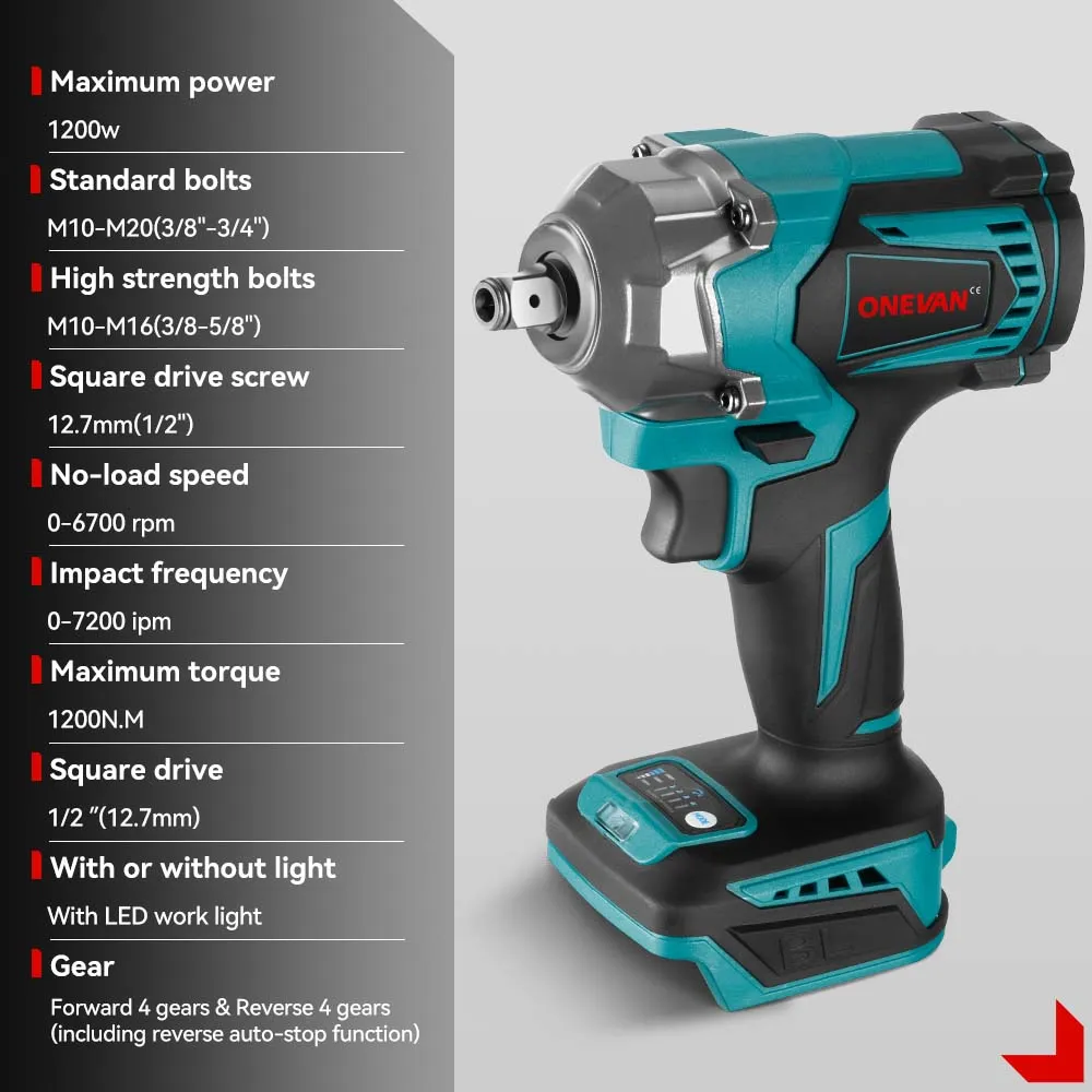 ONEVAN 1/2" 1200N·m Brushless Cordless Impact Wrench | For Makita 18V Battery