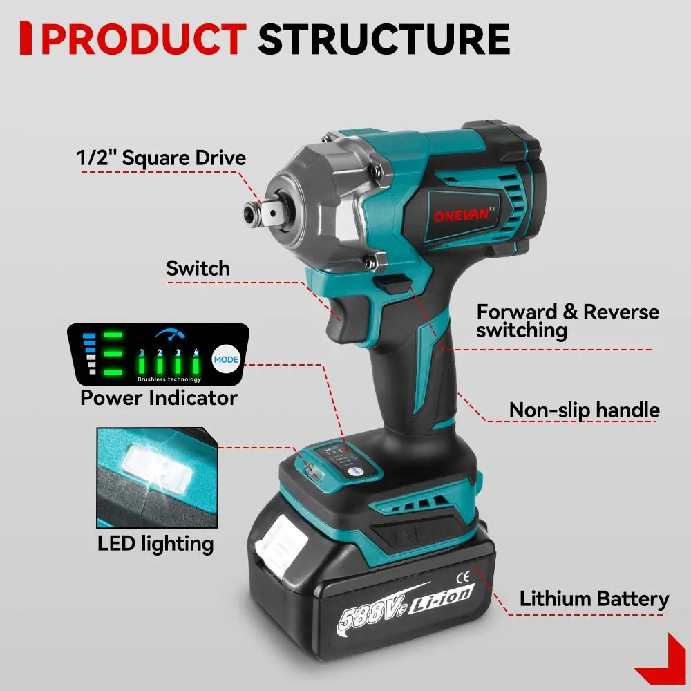 ONEVAN 1/2" 1200N·m Brushless Cordless Impact Wrench | For Makita 18V Battery