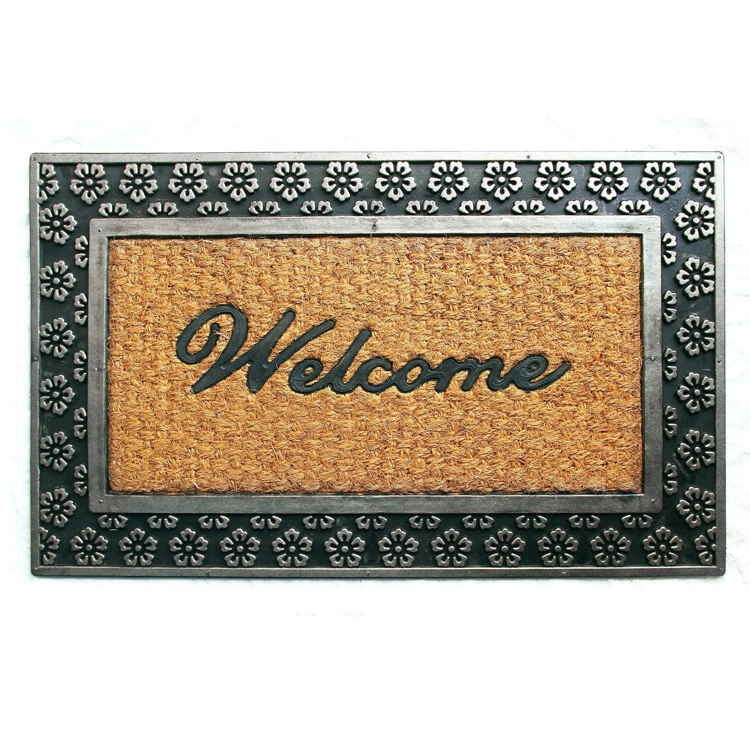 OnlyMat Welcome Entrance Door Mat with Metalic Flower Design Border