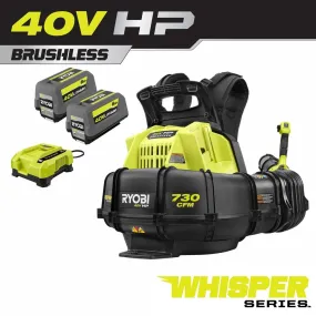 Open Box -  RYOBI 40V HP Brushless Whisper Series 165 MPH 730 CFM Cordless Battery Backpack Leaf Blower w/ (2) 6.0 Ah Batteries & Charger