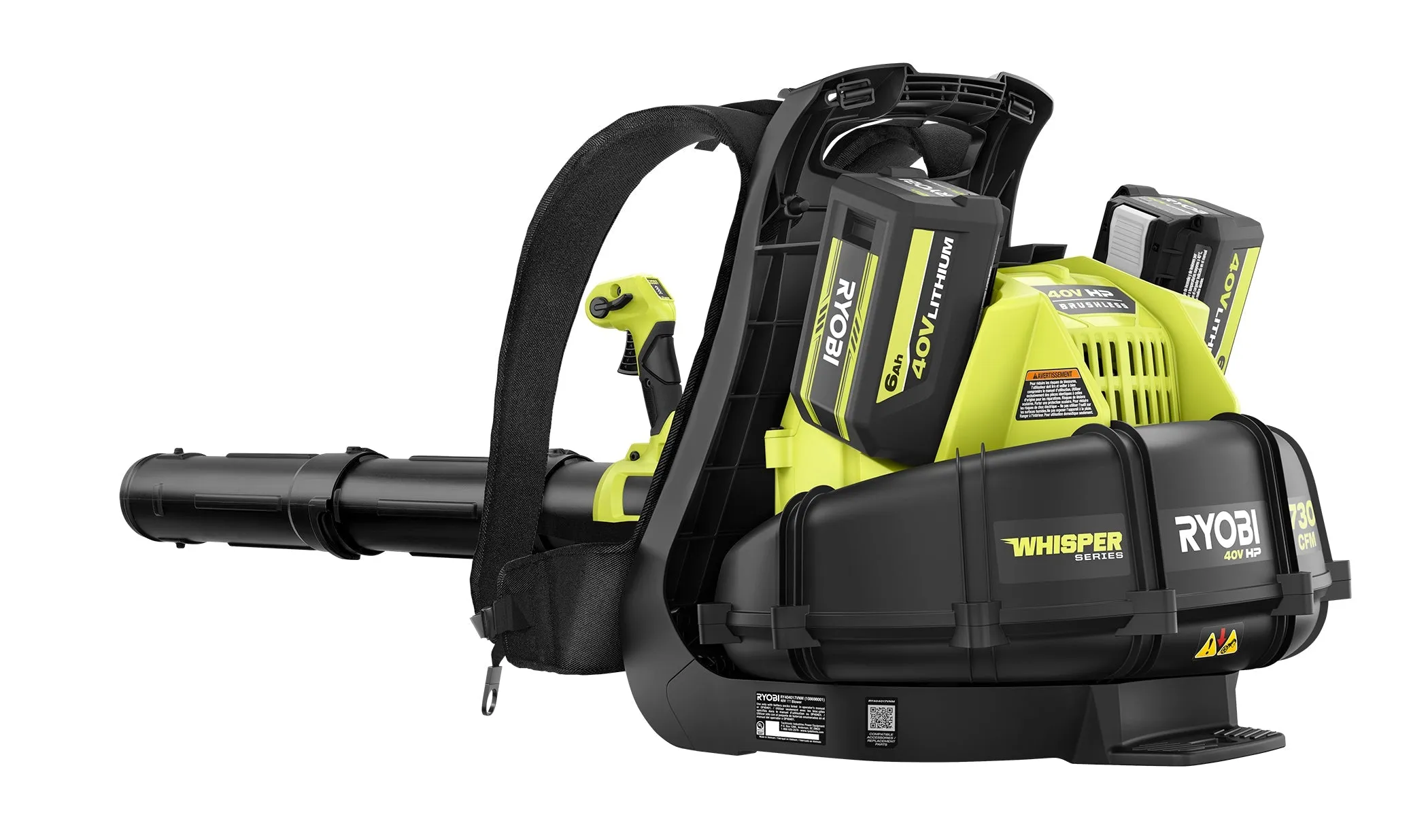 Open Box -  RYOBI 40V HP Brushless Whisper Series 165 MPH 730 CFM Cordless Battery Backpack Leaf Blower w/ (2) 6.0 Ah Batteries & Charger