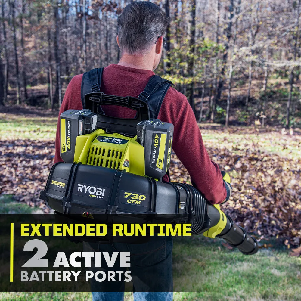 Open Box -  RYOBI 40V HP Brushless Whisper Series 165 MPH 730 CFM Cordless Battery Backpack Leaf Blower w/ (2) 6.0 Ah Batteries & Charger