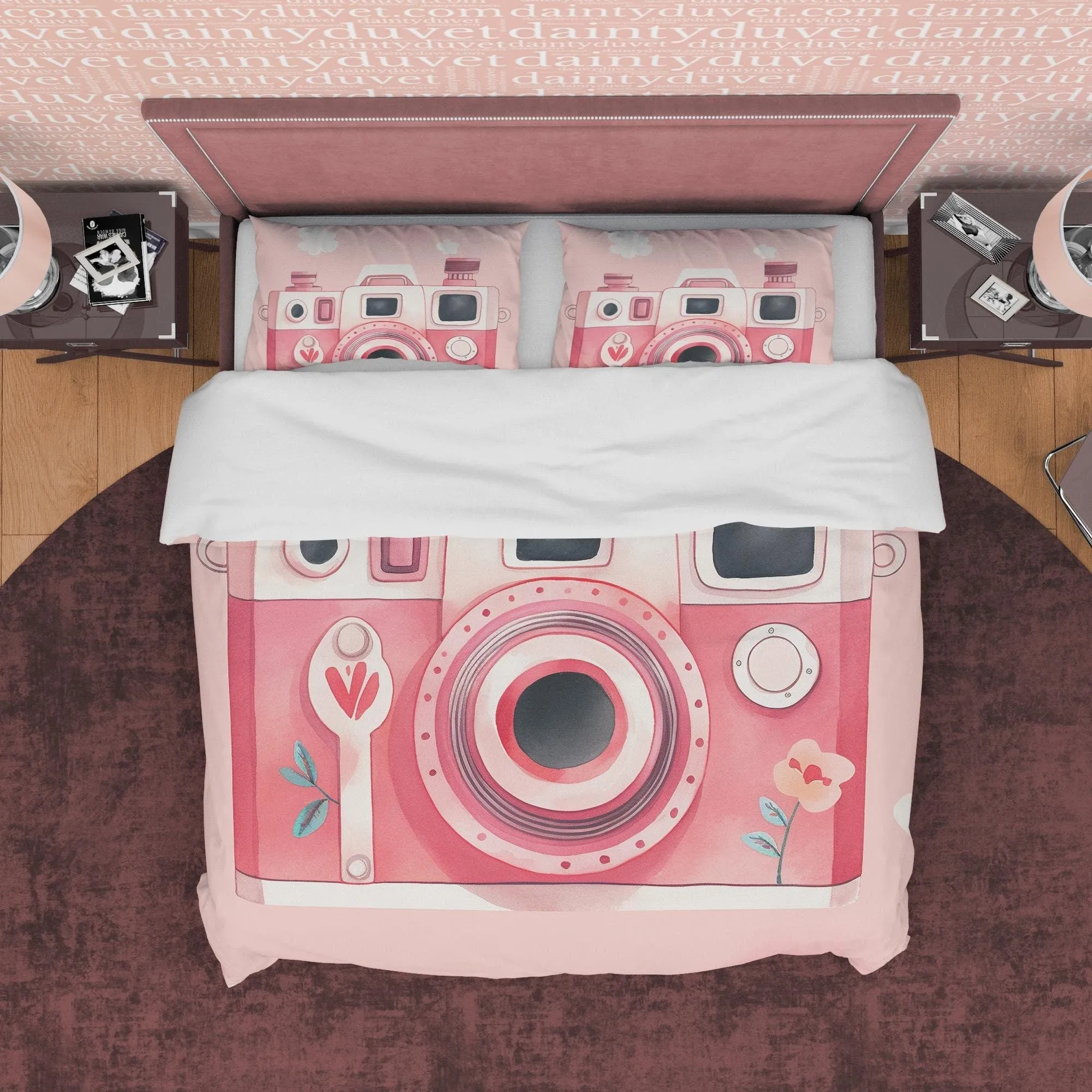 Pink Retro Camera Duvet Cover Set Baby Bedding, Girly Bedroom Set, Vintage Cute Quilt Cover, Photophille Bedspread, Photographer Gift