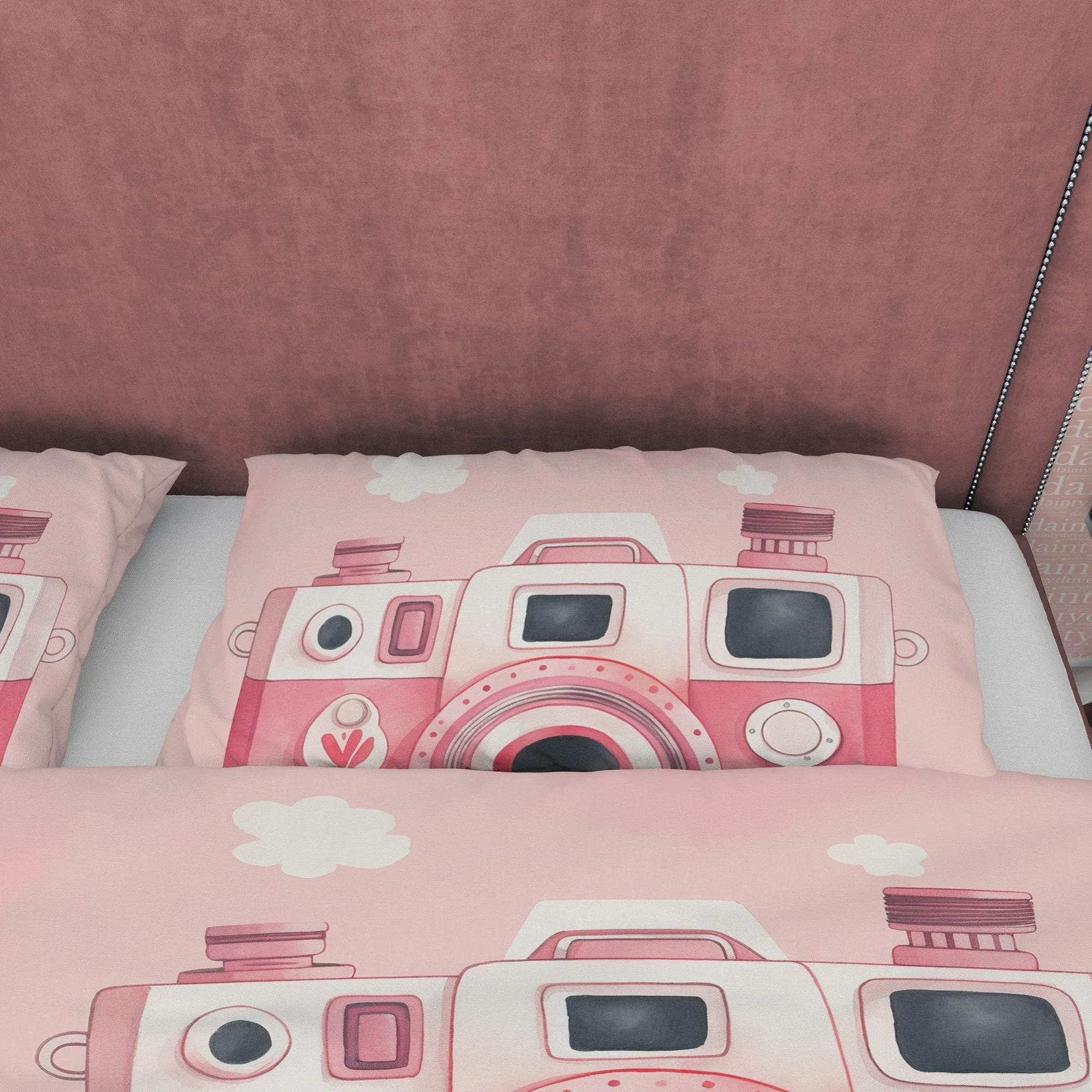 Pink Retro Camera Duvet Cover Set Baby Bedding, Girly Bedroom Set, Vintage Cute Quilt Cover, Photophille Bedspread, Photographer Gift