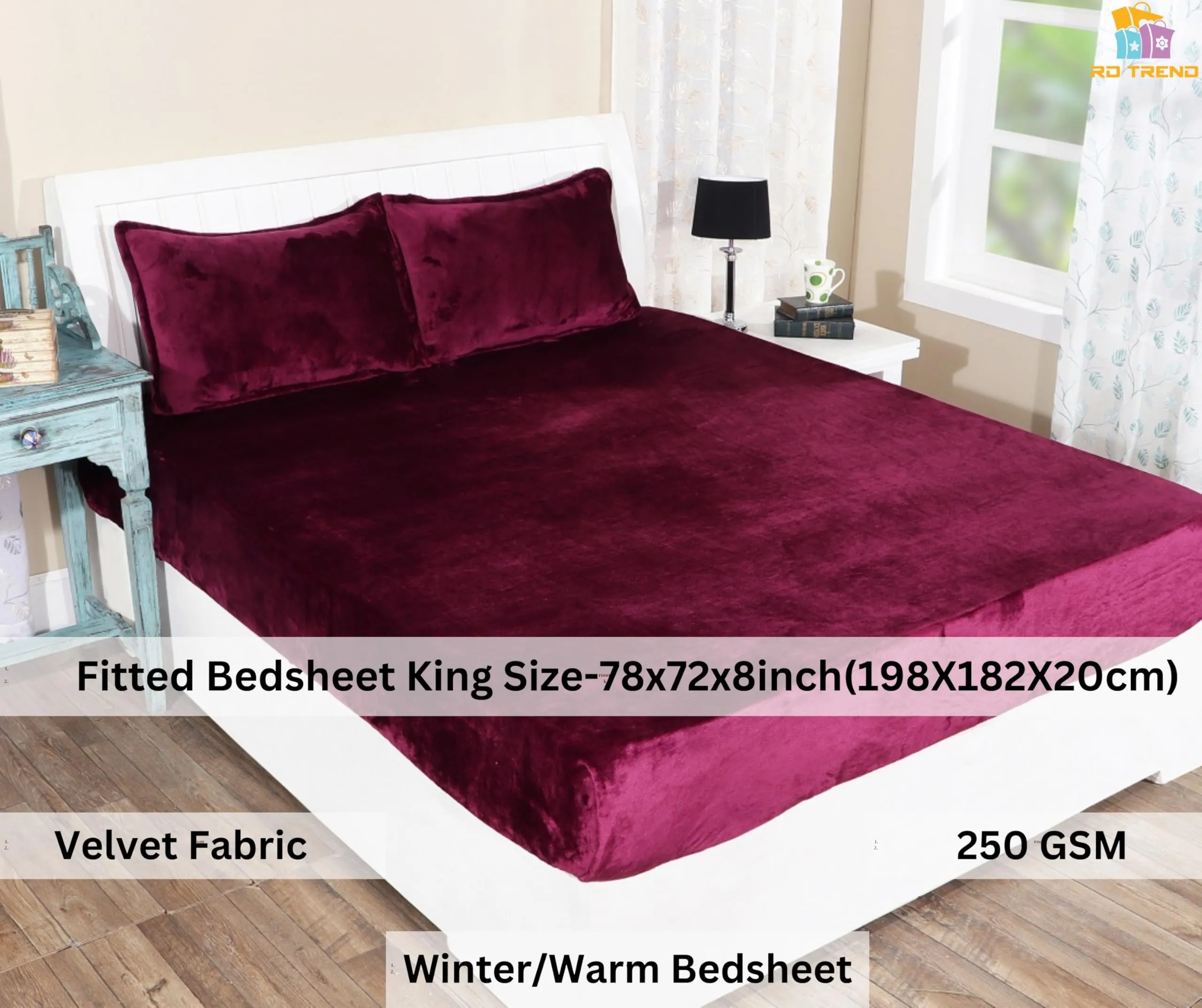 RD TREND 250 Gsm Flannel Warm Elastic Fitted Bedsheets For Winter,King Size(78X72X8 Cm),2 Pillow Covers(18X28 Cm)(Wine,King),210 TC