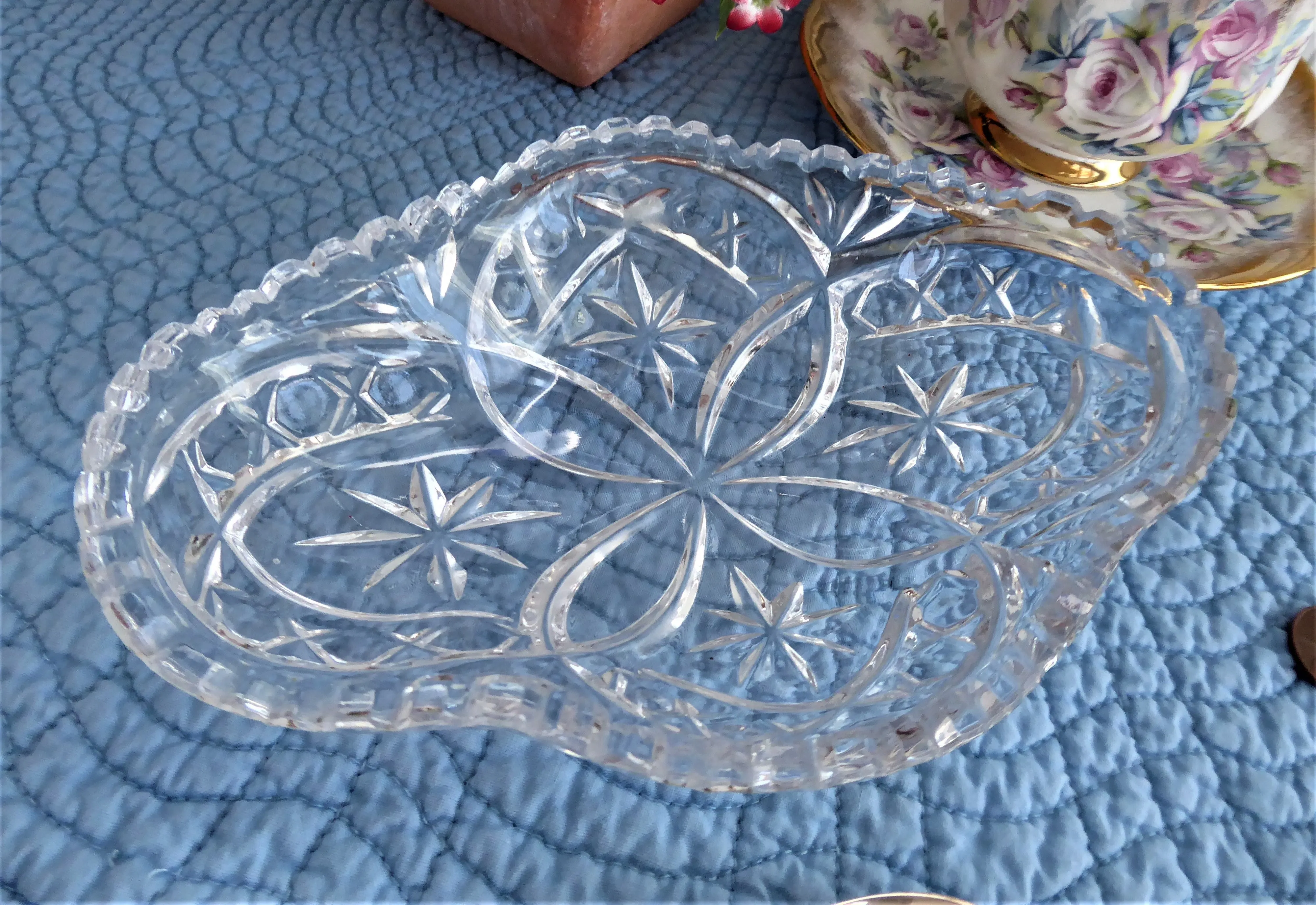 Relish Spoon Dish Lead Crystal Oval Star Fan Sawtoothed Rim USA 1940s