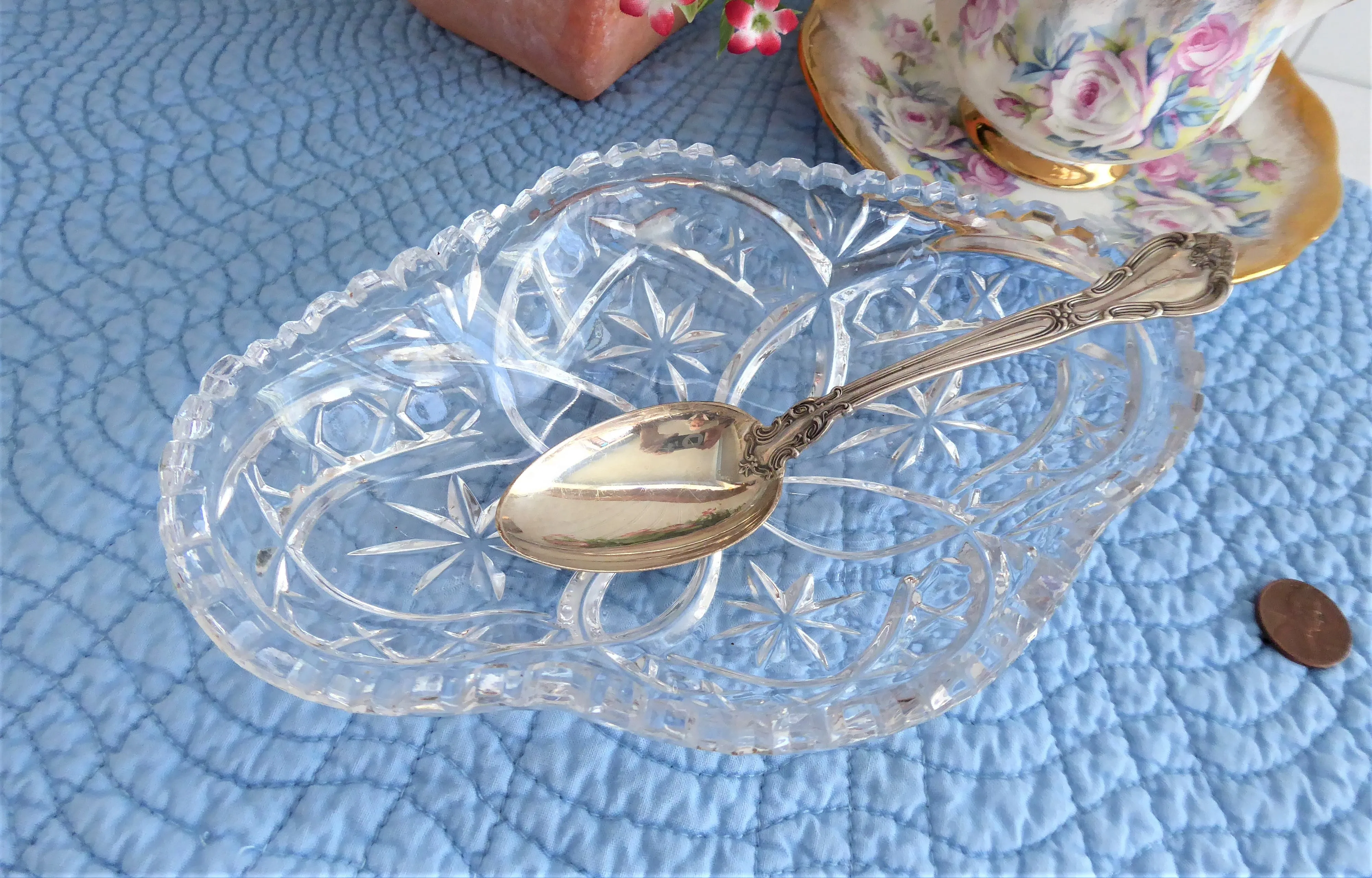 Relish Spoon Dish Lead Crystal Oval Star Fan Sawtoothed Rim USA 1940s