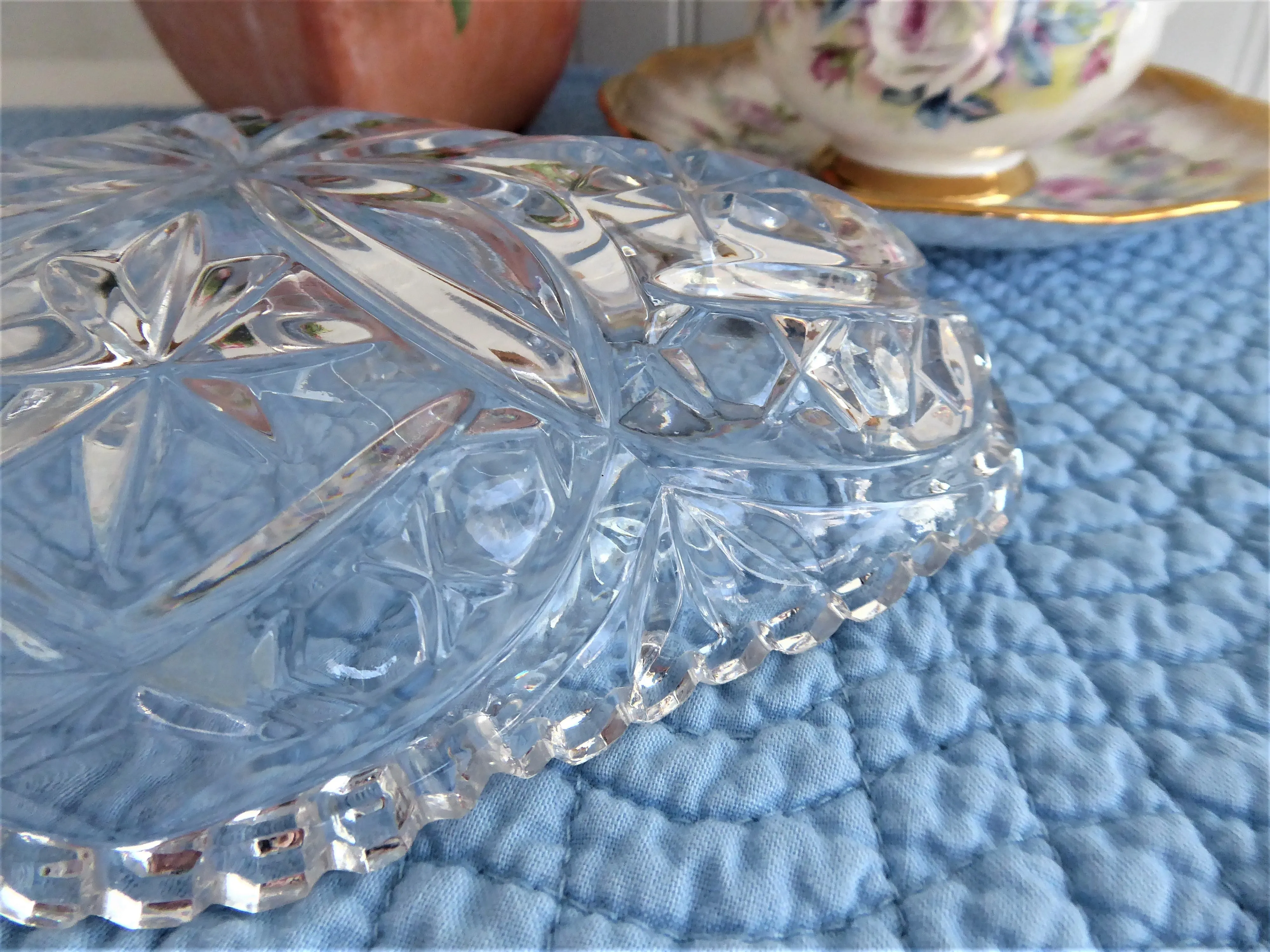 Relish Spoon Dish Lead Crystal Oval Star Fan Sawtoothed Rim USA 1940s