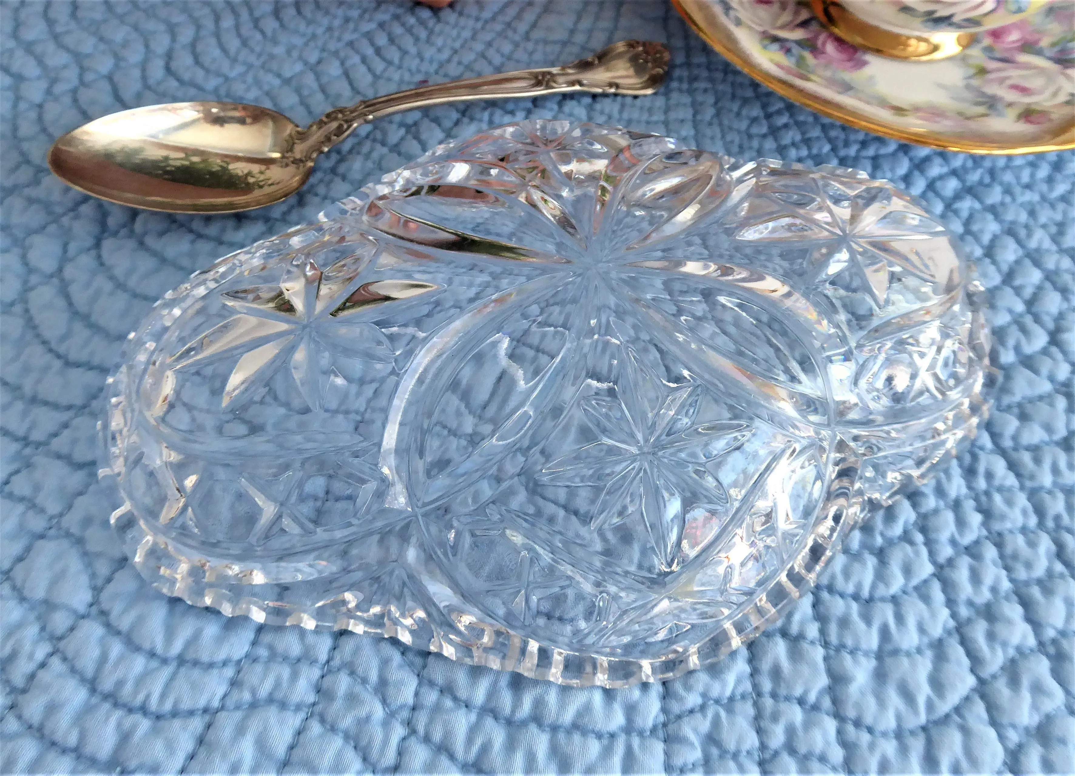 Relish Spoon Dish Lead Crystal Oval Star Fan Sawtoothed Rim USA 1940s