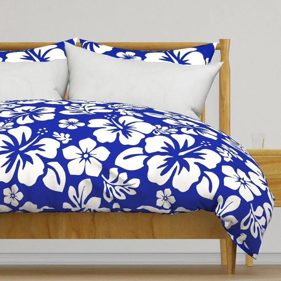 Royal Blue and White Hawaiian Flowers Duvet Cover -Medium Scale