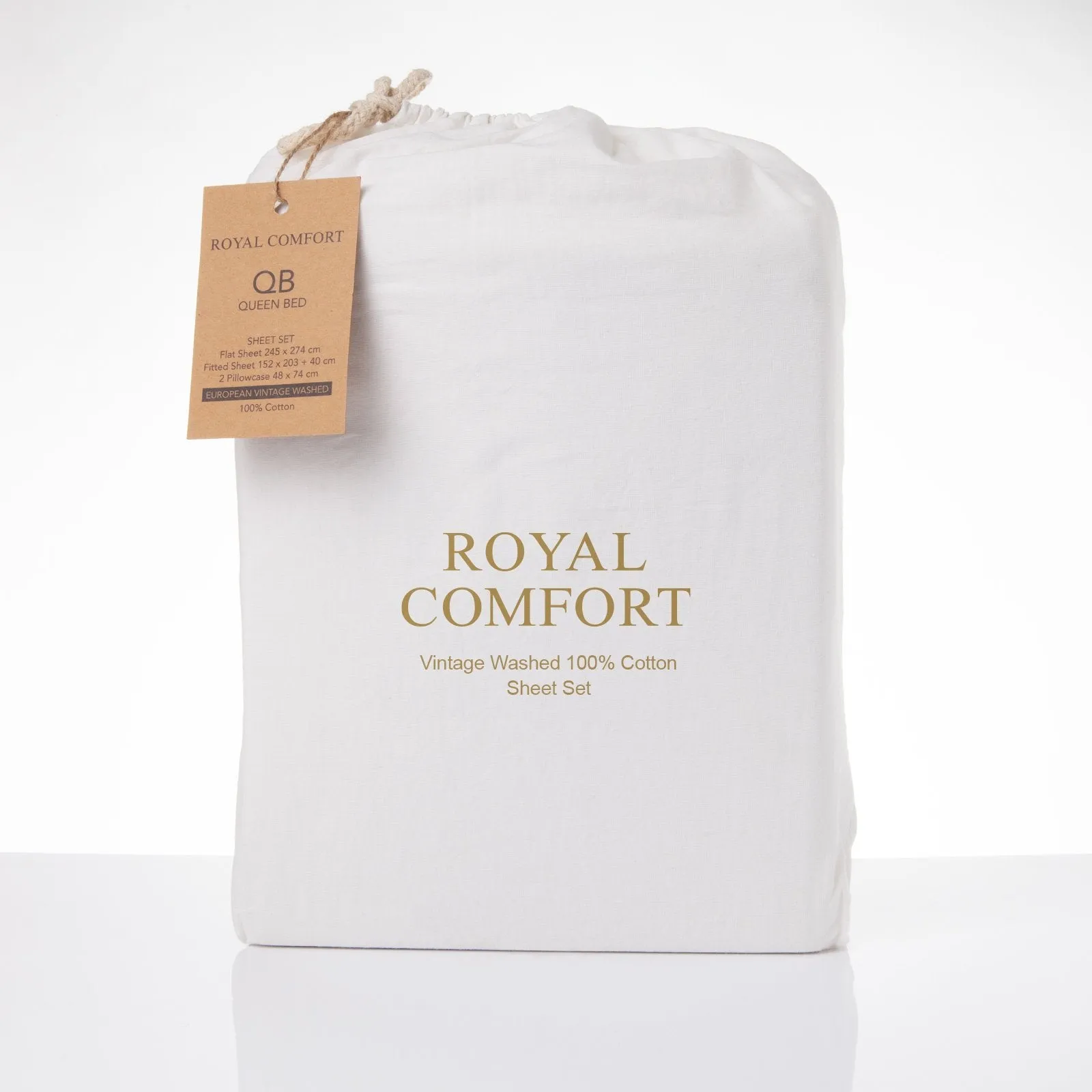 Royal Comfort Vintage Washed 100% Cotton Sheet Set Fitted Flat Sheet Pillowcases Double White