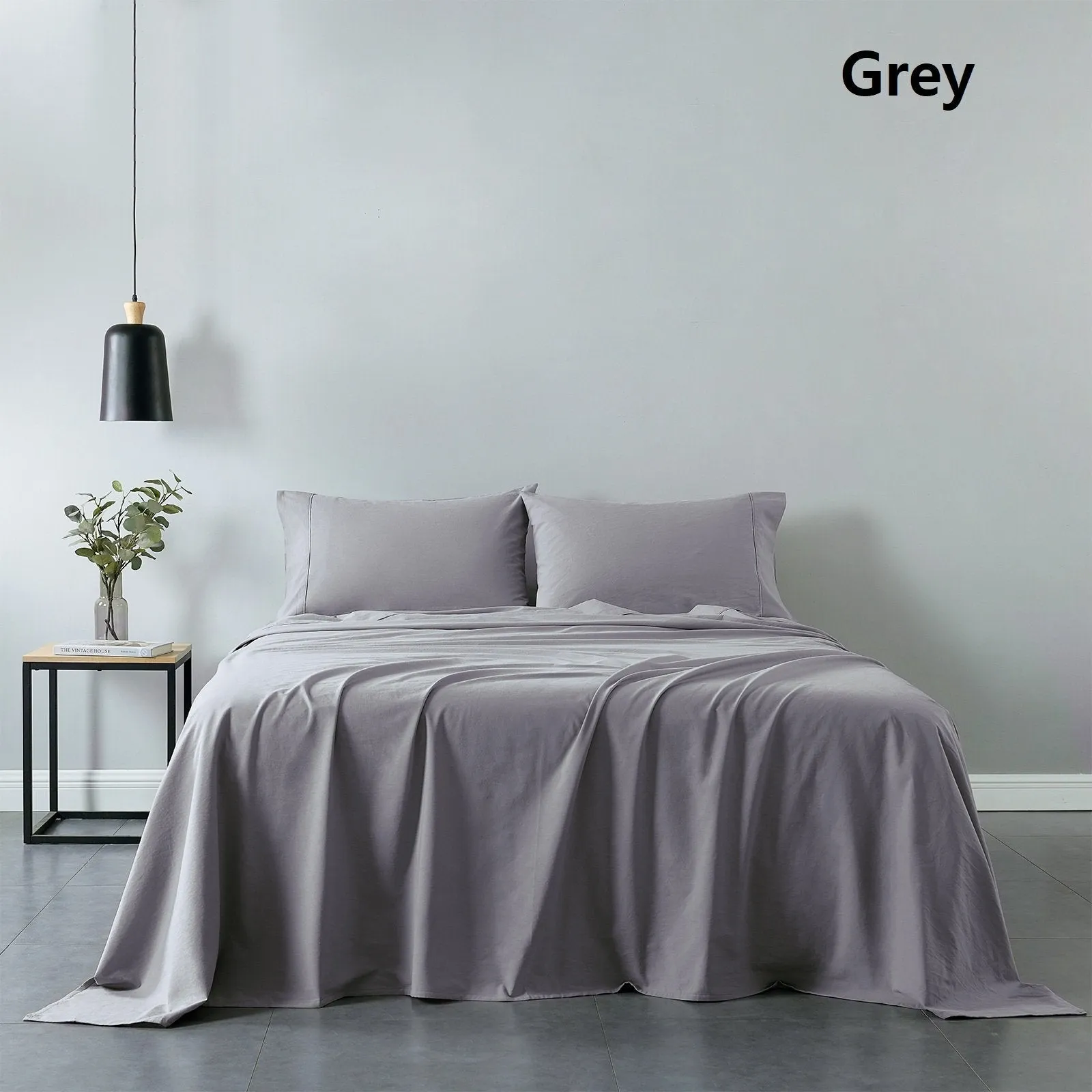 Royal Comfort Vintage Washed 100% Cotton Sheet Set Fitted Flat Sheet Pillowcases Queen Grey