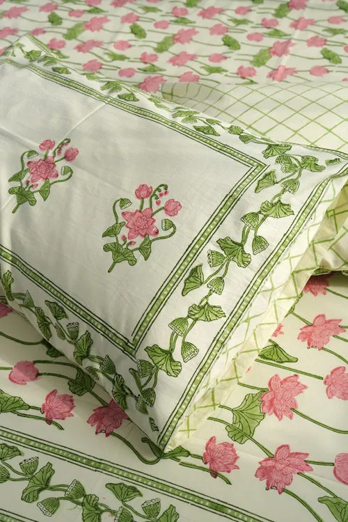 Serene Lotus Garden Hand Block Printed Cotton Percale Bedsheet