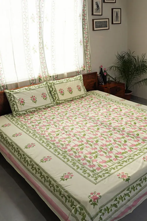 Serene Lotus Garden Hand Block Printed Cotton Percale Bedsheet