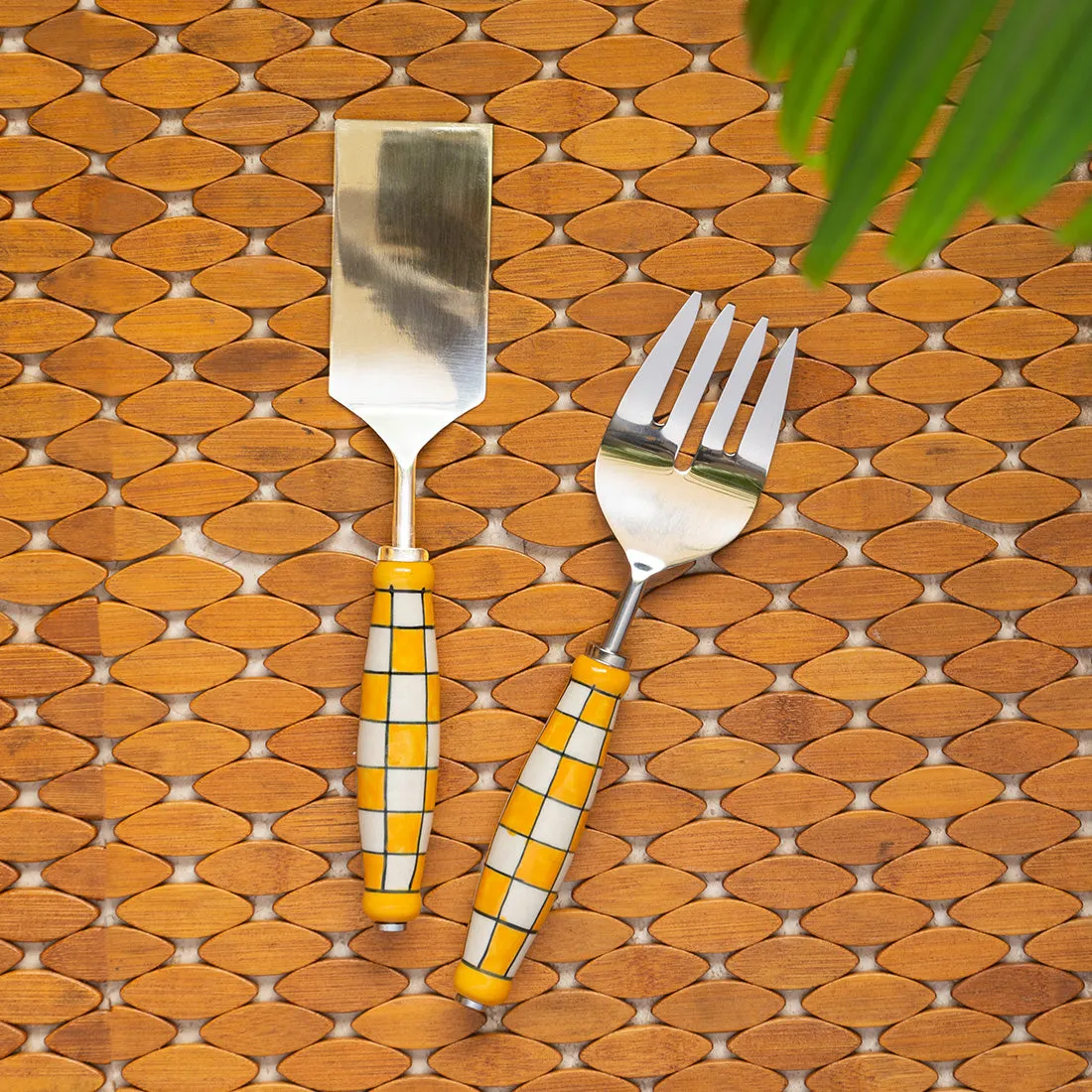 'Shatranj Checkered' Hand-Painted Serving Fork & Scraper In Stainless Steel & Ceramic (Set of 2)