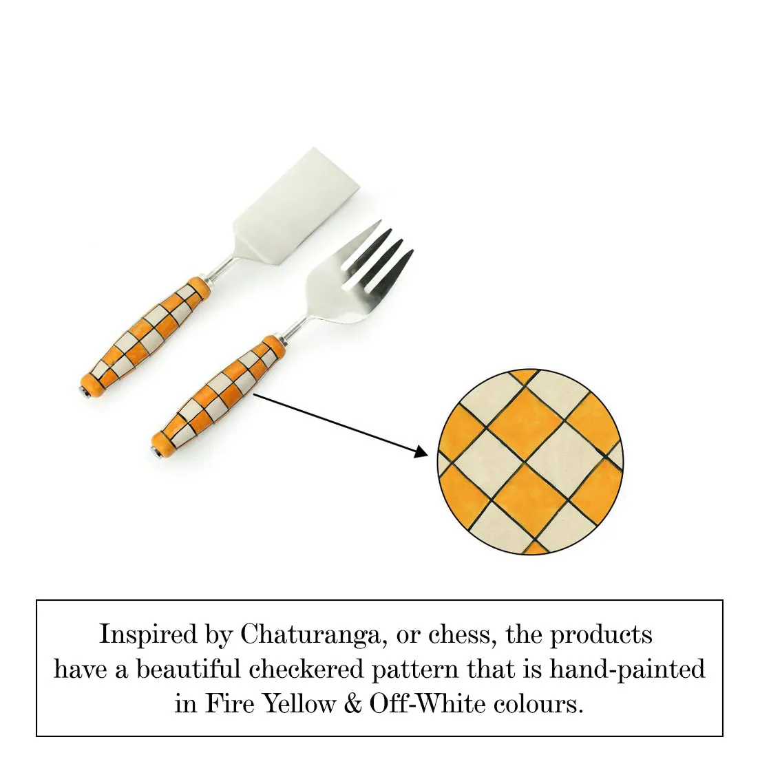 'Shatranj Checkered' Hand-Painted Serving Fork & Scraper In Stainless Steel & Ceramic (Set of 2)