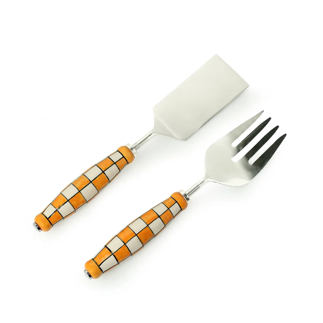 'Shatranj Checkered' Hand-Painted Serving Fork & Scraper In Stainless Steel & Ceramic (Set of 2)