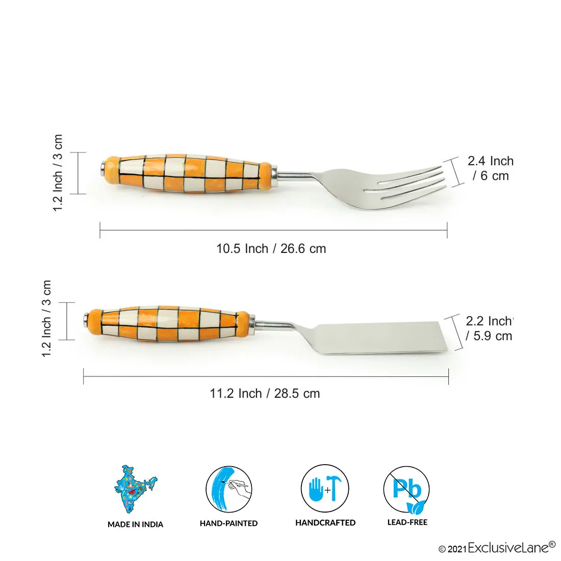 'Shatranj Checkered' Hand-Painted Serving Fork & Scraper In Stainless Steel & Ceramic (Set of 2)