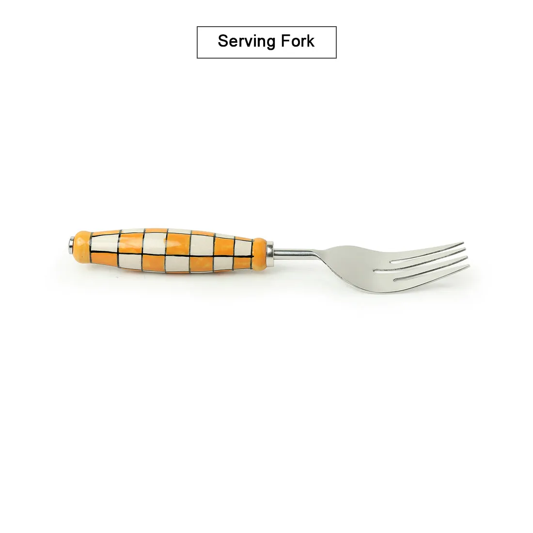 'Shatranj Checkered' Hand-Painted Serving Fork & Scraper In Stainless Steel & Ceramic (Set of 2)