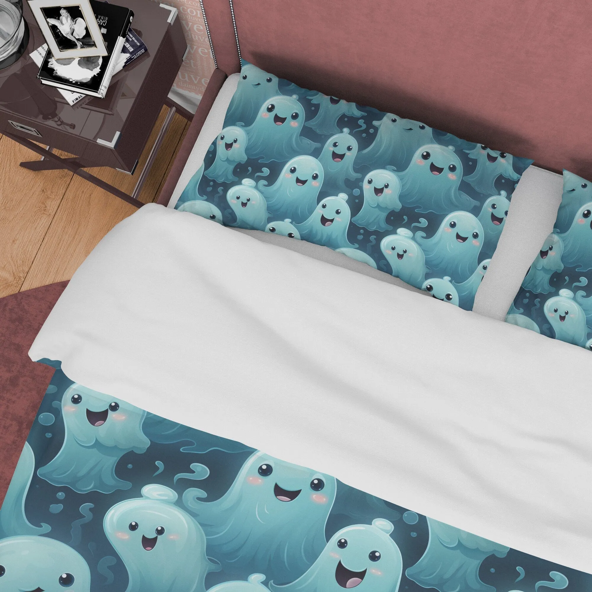 Smiling Ghosts with Kawaii Big Eyes, Duvet Cover Set & Pillowcase, Aesthetic Bedding, Halloween Gift, US, UK, European, Australian Bed Size