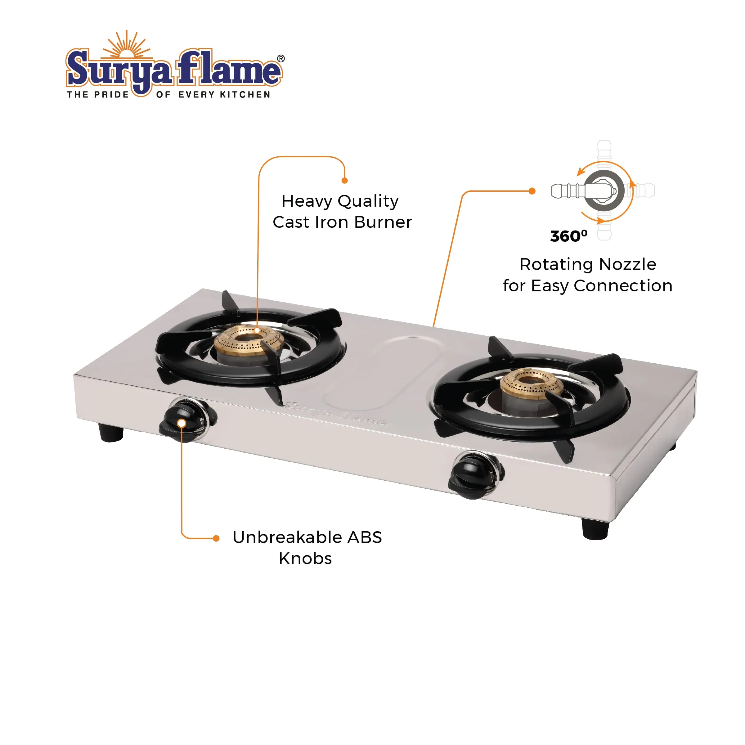 Surya Flame Double Cook Gas Stove 2 Burners Manual LPG Stove | LPG Gas Dual Layer Rubber Hose Pipe 1.5M | Stainless Steel Elegant Gas Stove Lighter With Knife, Peeler Knife and Shredder (Pack of 4)