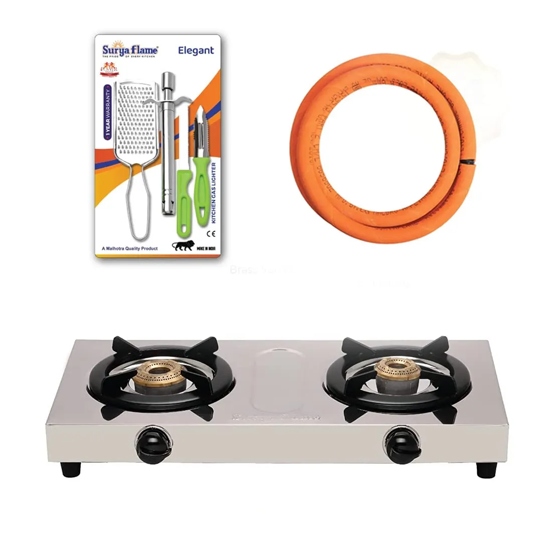 Surya Flame Double Cook Gas Stove 2 Burners Manual LPG Stove | LPG Gas Dual Layer Rubber Hose Pipe 1.5M | Stainless Steel Elegant Gas Stove Lighter With Knife, Peeler Knife and Shredder (Pack of 4)