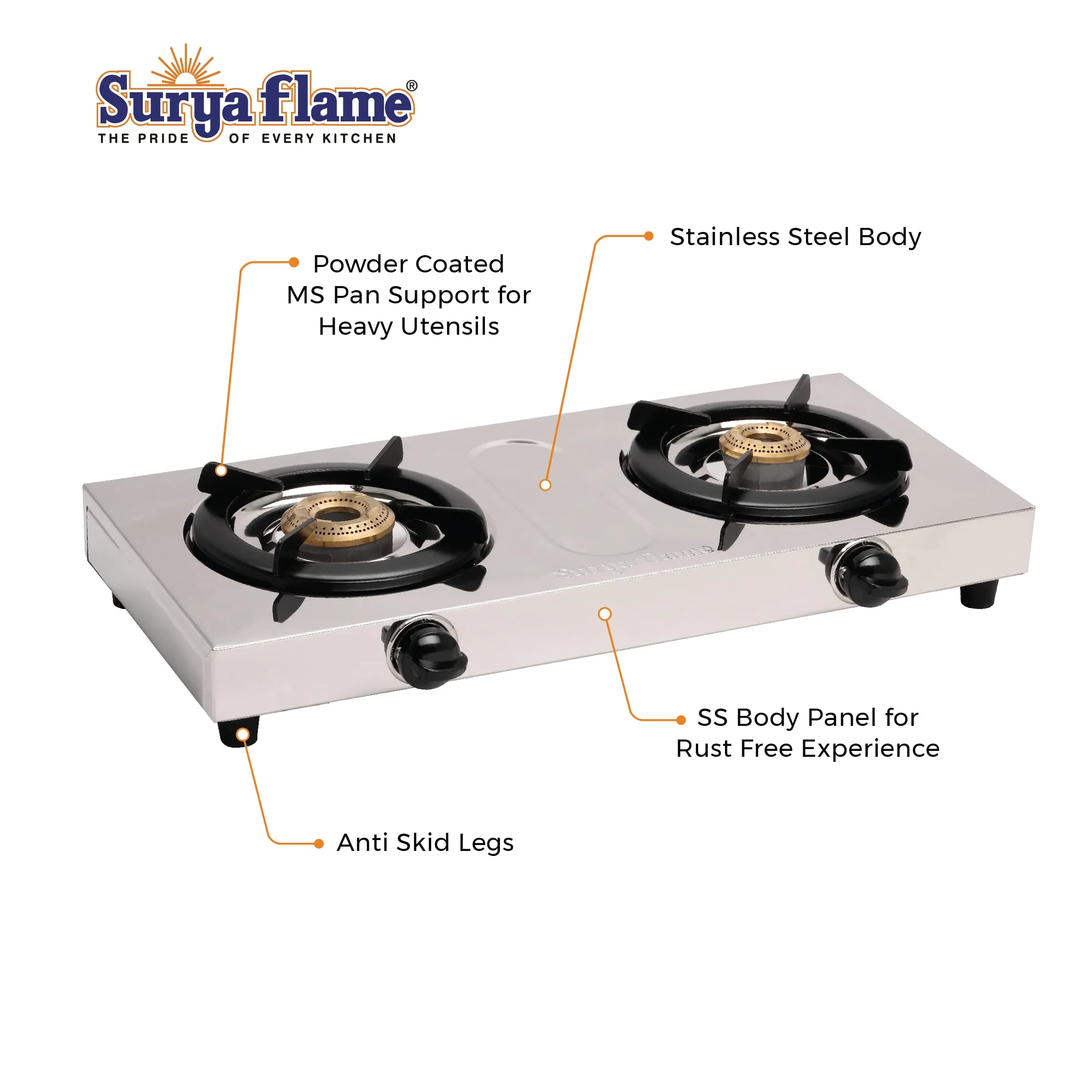 Surya Flame Double Cook Gas Stove 2 Burners Manual LPG Stove | LPG Gas Dual Layer Rubber Hose Pipe 1.5M | Stainless Steel Elegant Gas Stove Lighter With Knife, Peeler Knife and Shredder (Pack of 4)